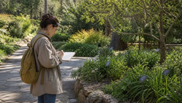 Visitante tomando notas frente a parterres etiquetados en un jardín botánico