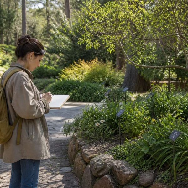 Visitante tomando notas frente a parterres etiquetados en un jardín botánico