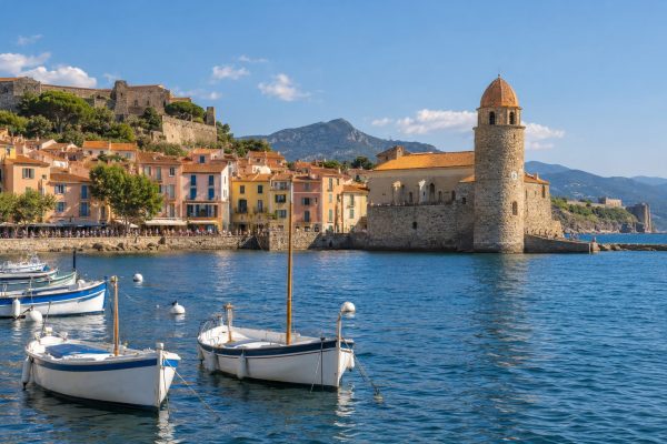 Bahía de Collioure con pequeñas embarcaciones, casas de colores y una iglesia junto al mar