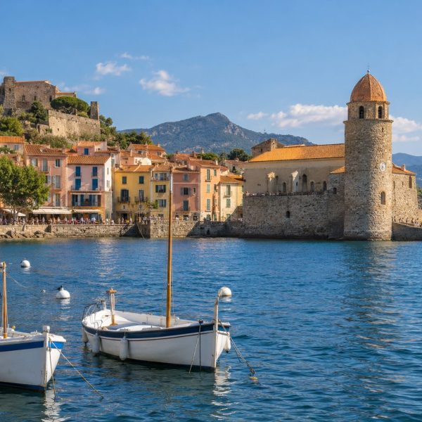 Bahía de Collioure con pequeñas embarcaciones, casas de colores y una iglesia junto al mar