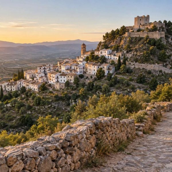 Pueblo blanco del interior valenciano con castillo y sendero