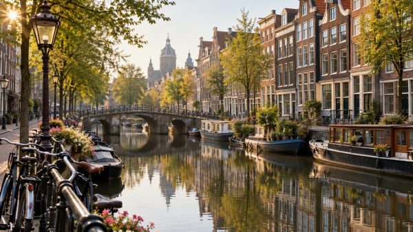 Canal de Ámsterdam con edificios de ladrillo, bicicletas y reflejos de la luz de la mañana