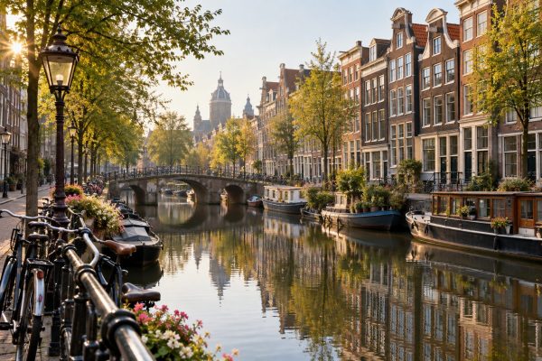 Canal de Ámsterdam con edificios de ladrillo, bicicletas y reflejos de la luz de la mañana