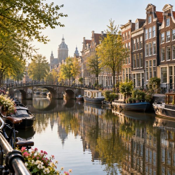 Canal de Ámsterdam con edificios de ladrillo, bicicletas y reflejos de la luz de la mañana