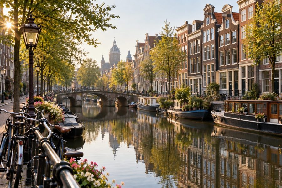 Canal de Ámsterdam con edificios de ladrillo, bicicletas y reflejos de la luz de la mañana