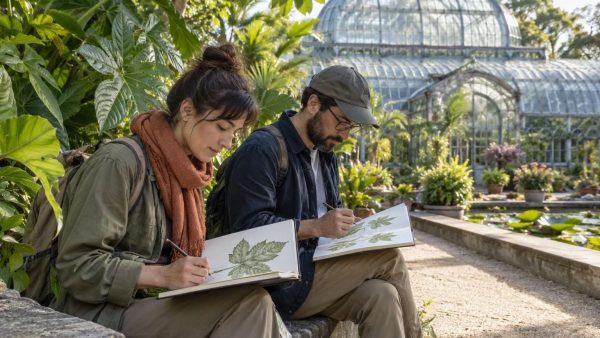 Dos viajeros dibujan hojas en sus cuadernos junto a un invernadero.