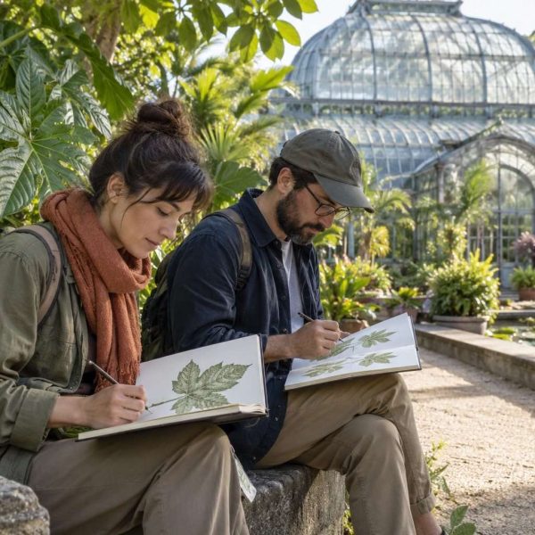 Dos viajeros dibujan hojas en sus cuadernos junto a un invernadero.
